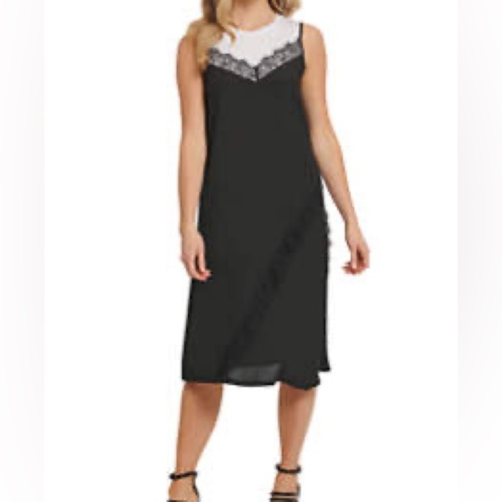 DKNY Mixed Media T-Shirt Dress with Front Lace Trim XS